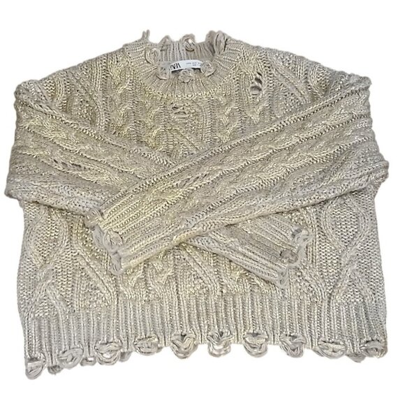 ZARA Wheat with Metallic Gold Shimmer Wool Blend Crop Crew Cable Knit Sweater - Picture 7 of 12